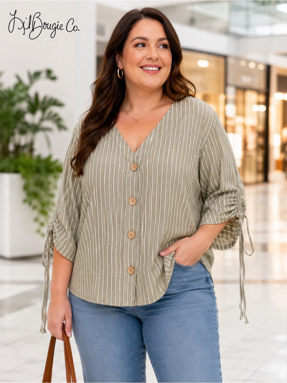 Plus Size Linen Button-Front V-Neck Top in Sage and White Striped - Size 22/24